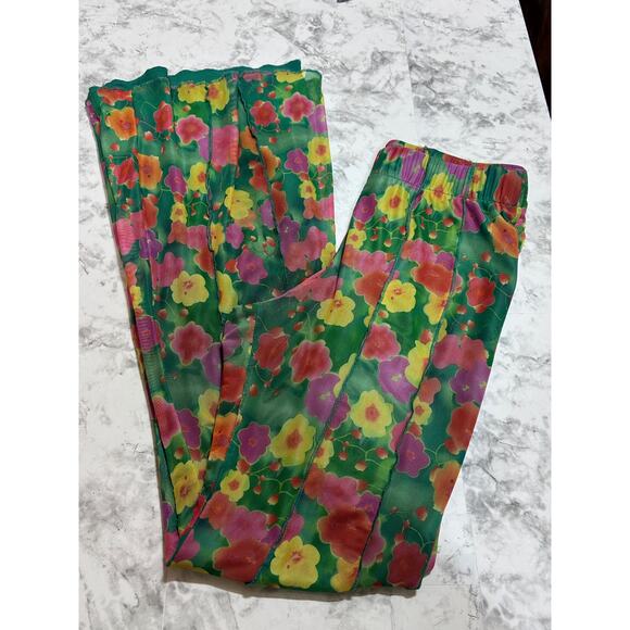 Forever 21 Mesh Green Floral Print Pant L Lined Casual Beach Coastal Boho Hippie - Picture 3 of 9